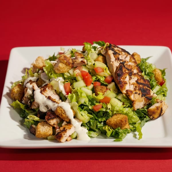Grilled chicken salad with lettuce, tomatoes, croutons, and creamy dressing on a white plate.